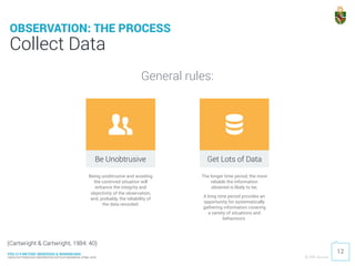 PDU 214 METODE OBSERVASI & WAWANCARA
FAKULTAS PSIKOLOGI UNIVERSITAS KATOLIK INDONESIA ATMA JAYA © 2016 Ardhiati
General rules:
Collect Data
12
OBSERVATION: THE PROCESS
(Cartwright & Cartwright, 1984: 40)
Being unobtrusive and avoiding
the contrived situation will
enhance the integrity and
objectivity of the observation,
and, probably, the reliability of
the data recorded.
The longer time period, the more
reliable the information
obtained is likely to be;
A long time period provides an
opportunity for systematically
gathering information covering
a variety of situations and
behaviours.
Be Unobtrusive Get Lots of Data
 