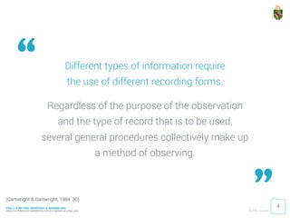 PDU 214 METODE OBSERVASI & WAWANCARA
FAKULTAS PSIKOLOGI UNIVERSITAS KATOLIK INDONESIA ATMA JAYA © 2016 Ardhiati
Different types of information require 
the use of different recording forms.
Regardless of the purpose of the observation 
and the type of record that is to be used, 
several general procedures collectively make up 
a method of observing.
4
(Cartwright & Cartwright, 1984: 30)
“
”
 