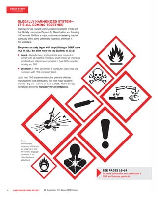 6 DANGEROUS GOODS REPORT DG Regulations: 2015 Review/2016 Preview
Globally Harmonized System—
It’s all coming together
Aligning OSHA’s Hazard Communication Standards (HCS) with
the Globally Harmonized System for Classification and Labeling
of Chemicals (GHS) is a major, multi-year undertaking that will
eventually affect every potentially hazardous chemical in
the workplace.
The process actually began with the publishing of OSHA’s new
HCS in 2012, but there were two key deadlines in 2015:
•	 June 1—Manufacturers and importers were required to
comply with all modified provisions, which meant all chemicals
produced and shipped were required to have HCS-compliant
labeling and SDS.
•	 December 1—After December 1, distributors could only ship
containers with HCS-compliant labels.
Up to now, GHS implementation has primarily affected
manufacturers and distributors. The next major deadline—
and it’s a big one—comes on June 1, 2016. That’s the day
compliance becomes mandatory for all workplaces.
COVER STORY
(CONTINUED)
See pages 16–19
for more information on Labelmaster’s
GHS and hazcom products.
These
internationally
recognized pictograms
are designed to limit
the need for language
conversion in our
culturally diverse
global trade.
 