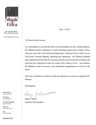 Letter for Arsadur_From Bank of Utica