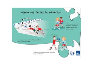 ...A barrar o caminho ao
                                                                               adversário, com braços,
                                                                               mãos ou pernas. Não
                                                                               podes! É falta!




....A empurrar o adversário. Não podes! É muito
grave e perigoso! É falta!




                             ....A lançar a bola de propósito ao adversário.
                             Não podes! É falta!
 
