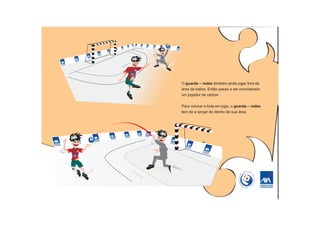 O guarda – redes também pode jogar fora da
área da baliza. Então passa a ser considerado
um jogador de campo.


Para colocar a bola em jogo, o guarda – redes
tem de a lançar de dentro da sua área.
 