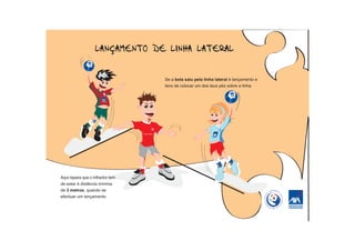 Se a bola saiu pela linha lateral é lançamento e
                                  tens de colocar um dos teus pés sobre a linha.




Aqui repara que o infractor tem
de estar à distância mínima
de 3 metros, quando se
efectuar um lançamento.
 