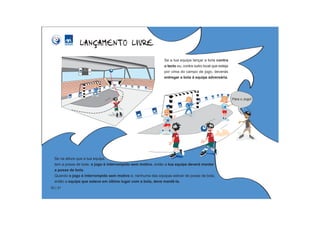 Se a tua equipa lançar a bola contra
                                                              o tecto ou, contra outro local que esteja
                                                              por cima do campo de jogo, deverás
                                                              entregar a bola á equipa adversária.




                                                                                                          Pára o Jogo!




  Se na altura que a tua equipa
  tem a posse de bola, o jogo é interrompido sem motivo, então a tua equipa deverá manter
  a posse de bola.
  Quando o jogo é interrompido sem motivo e, nenhuma das equipas estiver de posse de bola,
  então a equipa que esteve em último lugar com a bola, deve mantê-la.
30 | 31
 