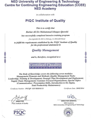 Certified Quality Professional Certificate-NED university (PIQC