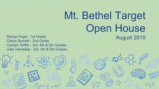 Mt. Bethel Target
Open House
August 2015Stacye Fogel - 1st Grade
Claryn Burnett - 2nd Grade
Carolyn Griffin - 3rd, 4th & 5th Grades
Julia Varnedoe - 3rd, 4th & 5th Grades
 