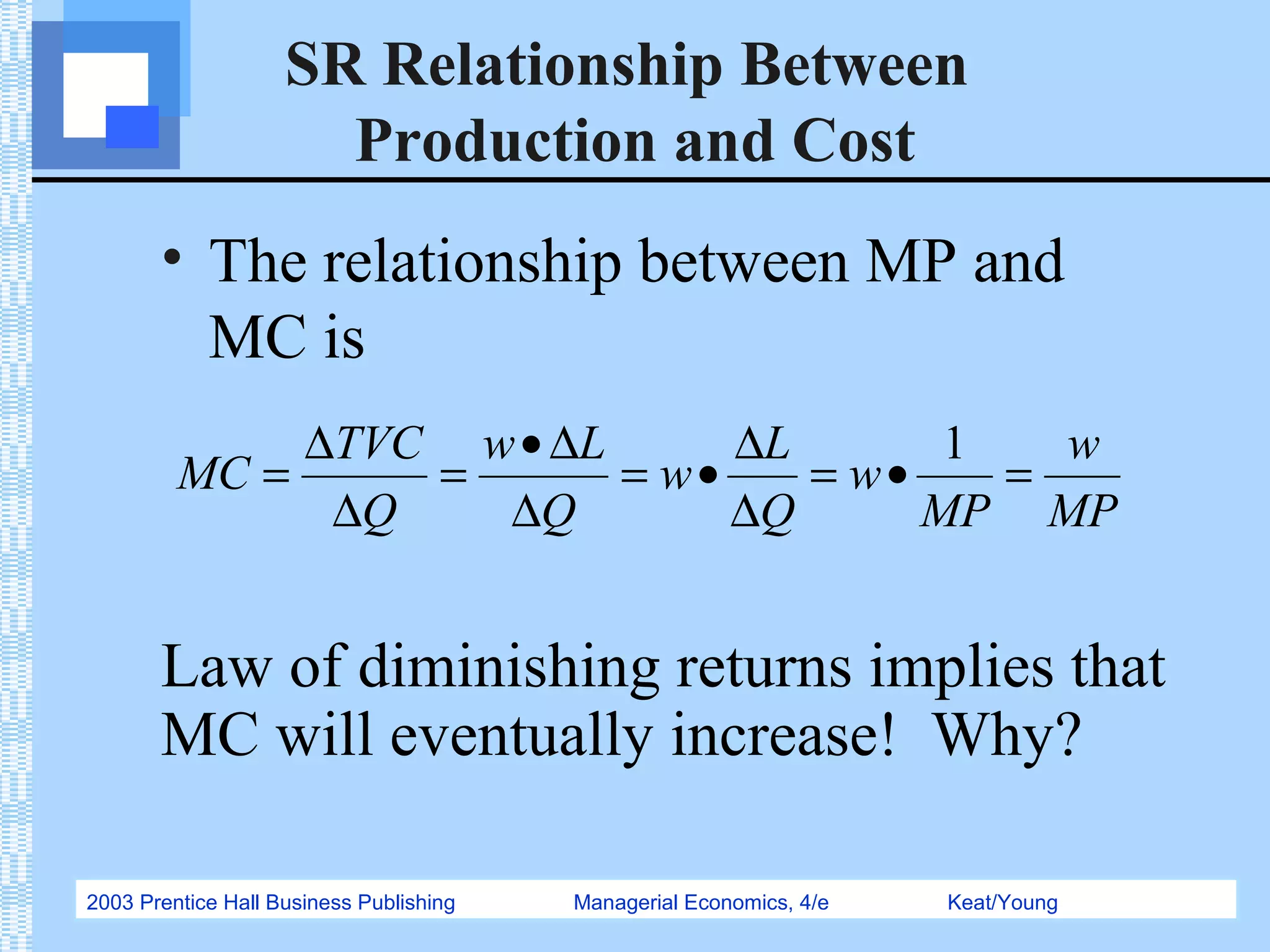 2003 Prentice Hall Business Publishing Managerial Economics, 4/e Keat/Young
SR Relationship Between
Production and Cost
• The relationship between MP and
MC is
MP
w
MP
w
Q
L
w
Q
Lw
Q
TVC
MC =•=
∆
∆
•=
∆
∆•
=
∆
∆
=
1
Law of diminishing returns implies that
MC will eventually increase! Why?
 