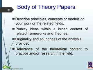 Body of Theory Papers
Describe principles, concepts or models on
your work or the related fields.
Portray ideas within a broad context of
related frameworks and theories.
Originality and soundness of the analysis
provided
Relevance of the theoretical content to
practice and/or research in the field.
21
 