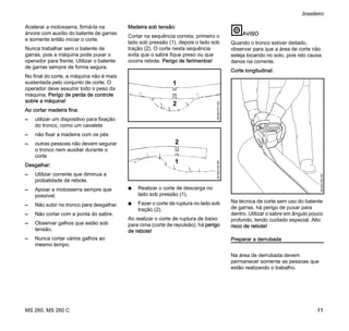 MS 260, MS 260 C
brasileiro
11
Acelerar a motosserra, firmá-la na
árvore com auxílio do batente de garras
e somente então iniciar o corte.
Nunca trabalhar sem o batente de
garras, pois a máquina pode puxar o
operador para frente. Utilizar o batente
de garras sempre de forma segura.
No final do corte, a máquina não é mais
sustentada pelo conjunto de corte. O
operador deve assumir todo o peso da
máquina. Perigo de perda de controle
sobre a máquina!
Ao cortar madeira fina:
– utilizar um dispositivo para fixação
do tronco, como um cavalete
– não fixar a madeira com os pés
– outras pessoas não devem segurar
o tronco nem auxiliar durante o
corte
Desgalhar:
– Utilizar corrente que diminua a
probalidade de rebote.
– Apoiar a motosserra sempre que
possível.
– Não subir no tronco para desgalhar.
– Não cortar com a ponta do sabre.
– Observar galhos que estão sob
tensão.
– Nunca cortar vários galhos ao
mesmo tempo.
Madeira sob tensão:
Cortar na sequência correta, primeiro o
lado sob pressão (1), depois o lado sob
tração (2). O corte nesta sequência
evita que o sabre fique preso ou que
ocorra rebote. Perigo de ferimentos!
N Realizar o corte de descarga no
lado sob pressão (1).
N Fazer o corte de ruptura no lado sob
tração (2).
Ao realizar o corte de ruptura de baixo
para cima (corte de repulsão), há perigo
de rebote!
AVISO
Quando o tronco estiver deitado,
observar para que a área de corte não
esteja tocando no solo, pois isto causa
danos na corrente.
Corte longitudinal:
Na técnica de corte sem uso do batente
de garras, há perigo de puxar para
dentro. Utilizar o sabre em ângulo pouco
profundo, tendo cuidado especial. Alto
risco de rebote!
Preparar a derrubada
Na área de derrubada devem
permanecer somente as pessoas que
estão realizando o trabalho.
1
001BA151KN
2
1
001BA152KN
2
001BA189KN
 