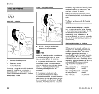 MS 260, MS 260 C
brasileiro
30
Bloquear a corrente
– em caso de emergência
– durante a partida
– na marcha lenta
Empurrar a proteção da mão com a mão
esquerda para frente, em direção à
ponta do sabre ou automaticamente
com o rebote da motosserra: a corrente
é bloqueada e pára.
Soltar o freio da corrente
N Puxar a proteção da mão em
direção ao cabo dianteiro.
AVISO
Antes de acelerar (exceto para verificar
o funcionamento) e antes de serrar,
deve-se soltar o freio da corrente.
A rotação alta do motor com o freio da
corrente acionado (corrente parada),
mesmo depois de pouco tempo, leva a
danos no motor e acionamento da
corrente (embreagem, freio da
corrente).
O freio da corrente é acionado
automaticamente com um rebote
suficientemente forte. Através da inércia
da proteção da mão, a proteção da mão
é arremessada para frente em direção
ao sabre, mesmo que a mão esquerda
não esteja segurando no cabo do punho
atrás da proteção da mão, como, por
exemplo, no corte de abate.
O freio da corrente somente funciona,
se nada foi modificado na proteção da
mão.
Verificar o funcionamento do freio da
corrente
Toda vez antes de iniciar o trabalho:
com o motor na marcha lenta, bloquear
a corrente (empurrar a proteção da mão
em direção ao sabre) e acelerar
brevemente (máx. 3 segundos). A
corrente não pode se mover. A proteção
da mão deve estar sem sujeira e mover-
se facilmente.
Manutenção do freio da corrente
O freio da corrente está sujeito a um
desgaste por atrito (desgaste natural).
Para que possa cumprir sua função,
deve ser realizada uma revisão e
manutenção regularmente por pessoas
especializadas. A STIHL recomenda
que as manutenções e consertos sejam
realizados por uma Assistência Técnica
Autorizada STIHL, observando os
seguintes intervalos de tempo:
Freio da corrente
143BA011KN
143BA012KN
Uso profissional de
tempo integral:
trimestral-
mente
Uso semi-profissional
de tempo parcial:
semestral-
mente
Uso eventual: anualmente
 