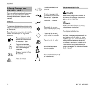 MS 260, MS 260 C
brasileiro
2
Este manual de instruções de serviços
refere-se a uma motosserra STIHL,
também denominada máquina neste
manual.
Símbolos
Todos os símbolos colocados sobre as
máquinas estão descritos neste manual
de instruções.
Dependendo da máquina e do modelo,
podem ser colocados os seguintes
símbolos:
Marcações de parágrafos
ATENÇÃO
Alerta sobre perigo de acidentes e
ferimentos de pessoas, bem como
graves danos materiais.
AVISO
Alerta sobre danos na máquina ou
componentes individuais.
Aperfeiçoamento técnico
A STIHL trabalha constantemente no
aperfeiçoamento de todos os seus
produtos; por isso, reservamo-nos o
direito de realizar modificações de
embalagem, produto e equipamento.
Desta forma, não podem ser feitas
exigências a partir de dados ou figuras
deste manual.
Informações para este
manual do usuário
Tanque de combustível;
mistura de combustível
de gasolina e óleo
Tanque de óleo para
lubrificação da corrente;
óleo lubrificante para
correntes
Bloquear e soltar o freio
da corrente
Freio de inércia
Direção da rotação da
corrente
Ematic; regulagem da
quantidade de óleo lubri-
ficante para correntes
Tensionar a corrente
Condução do ar aspi-
rado: trabalho no inverno
Condução do ar aspi-
rado: trabalho no verão
Aquecimento do cabo
Acionar a válvula de
descompressão
Acionar a bomba manual
de combustível
 
