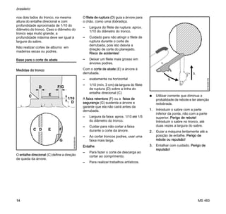 MS 460
brasileiro
14
nos dois lados do tronco, na mesma
altura do entalhe direcional e com
profundidade aproximada de 1/10 do
diâmetro do tronco. Caso o diâmetro do
tronco seja muito grande, a
profundidade máxima deve ser igual à
largura do sabre.
Não realizar cortes de alburno em
madeiras secas ou podres.
Base para o corte de abate
Medidas do tronco
O entalhe direcional (C) define a direção
de queda da árvore.
O filete de ruptura (D) guia a árvore para
o chão, como uma dobradiça.
– Largura do filete de ruptura: aprox.
1/10 do diâmetro do tronco.
– Cuidado para não atingir o filete de
ruptura durante o corte de
derrubada, pois isto desvia a
direção de corte do planejado.
Risco de acidentes!
– Deixar um filete mais grosso em
árvores podres.
Com o corte de abate (E) a árvore é
derrubada.
– exatamente na horizontal
– 1/10 (mín. 3 cm) da largura do filete
de ruptura (D) sobre a linha do
entalhe direcional (C)
A faixa retentora (F) ou a faixa de
segurança (G) sustenta a árvore e
garante que ela não cairá antes da
derrubada.
– Largura da faixa: aprox. 1/10 até 1/5
do diâmetro do tronco.
– Cuidar para não cortar a faixa
durante o corte da árvore.
– Ao cortar troncos podres, usar uma
faixa mais larga.
Entalhe
– Para fazer o corte de descarga ao
cortar ao comprimento.
– Para realizar trabalhos artísticos.
N Utilizar corrente que diminua a
probalidade de rebote e ter atenção
redobrada.
1. Introduzir o sabre com a parte
inferior da ponta, não com a parte
superior. Perigo de rebote!
Introduzir o sabre no tronco, até
duas vezes a largura do sabre.
2. Guiar a máquina lentamente até a
posição de entalhe. Perigo de
rebote ou repulsão!
3. Entalhar com cuidado. Perigo de
repulsão!
G
001BA259KN
C
E
D
1/10
C
3.
001BA269KN
1.
2.
 