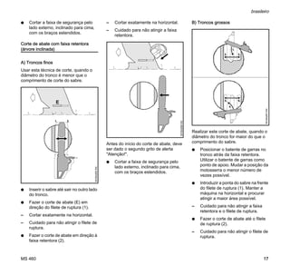 MS 460
brasileiro
17
N Cortar a faixa de segurança pelo
lado externo, inclinado para cima,
com os braços estendidos.
Corte de abate com faixa retentora
(árvore inclinada)
A) Troncos finos
Usar esta técnica de corte, quando o
diâmetro do tronco é menor que o
comprimento de corte do sabre.
N Inserir o sabre até sair no outro lado
do tronco.
N Fazer o corte de abate (E) em
direção do filete de ruptura (1).
– Cortar exatamente na horizontal.
– Cuidado para não atingir o filete de
ruptura.
N Fazer o corte de abate em direção à
faixa retentora (2).
– Cortar exatamente na horizontal.
– Cuidado para não atingir a faixa
retentora.
Antes do início do corte de abate, deve
ser dado o segundo grito de alerta
"Atenção!".
N Cortar a faixa de segurança pelo
lado externo, inclinado para cima,
com os braços estendidos.
B) Troncos grossos
Realizar este corte de abate, quando o
diâmetro do tronco for maior do que o
comprimento do sabre.
N Posicionar o batente de garras no
tronco atrás da faixa retentora.
Utilizar o batente de garras como
ponto de apoio. Mudar a posição da
motosserra o menor número de
vezes possível.
N Introduzir a ponta do sabre na frente
do filete de ruptura (1). Manter a
máquina na horizontal e procurar
atingir a maior área possível.
– Cuidado para não atingir a faixa
retentora e o filete de ruptura.
N Fazer o corte de abate até o filete
de ruptura (2).
– Cuidado para não atingir o filete de
ruptura.
1. 2.
001BA265KN
001BA266KN
001BA267KN
1.
2. 3.
4.
5. 6.
 