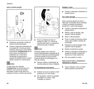 MS 460
brasileiro
30
Após a primeira ignição
N Pressionar novamente o botão da
válvula de descompressão.
N Colocar o interruptor combinado (4)
na posição n e continuar dando
arranque. Assim que o motor estiver
funcionando, imediatamente dar um
breve toque na alavanca do
acelerador (5), o interruptor
combinado (4) passa para a
posição de trabalho F (6) e o motor
passa a operar em marcha lenta.
AVISO
O motor deve ser colocado
imediatamente na marcha lenta, do
contrário, com o freio da corrente
bloqueado, podem surgir danos na
carcaça do motor e no freio da corrente.
N Puxar a proteção da mão em
direção ao cabo: U. O freio da
corrente está solto e a motosserra
está pronta para o trabalho.
AVISO
Somente acelerar com o freio da
corrente desbloqueado. Rotação alta do
motor com o freio da corrente bloqueado
(corrente parada) em pouco tempo
ocasiona danos na embreagem e no
freio da corrente.
N Sempre verificar a lubrificação da
corrente antes de iniciar o trabalho.
Em temperaturas muito baixas
N Acelerar um pouco e deixar o motor
aquecer por um curto tempo.
N Se necessário, colocar na posição
de trabalho no inverno. Veja
"Trabalho no inverno".
Desligar o motor
N Colocar o interruptor combinado na
posição stop 0.
Se o motor não ligar
Após a primeria ignição do motor, o
interruptor combinado não foi colocado
a tempo na posição de partida a
quente n, o motor está afogado.
N Colocar o interruptor combinado na
posição stop 0.
N Retirar a vela de ignição. Veja
capítulo "Vela de ignição".
N Secar a vela de ignição.
N Puxar o cordão de arranque várias
vezes, para ventilar a câmara de
combustão.
N Recolocar a vela de ignição. Veja
capítulo "Vela de ignição".
N Montar novamente as peças.
N Colocar o interruptor combinado na
posição de partida a quente n,
mesmo se o motor estiver frio.
N Dar nova partida no motor.
Após consumir todo o combustível e
reabastecer a máquina
N Ligar a máquina, como no motor
quente (partida a quente n).
6
4
5
145BA008KN
0
STOP
143BA012KN
 