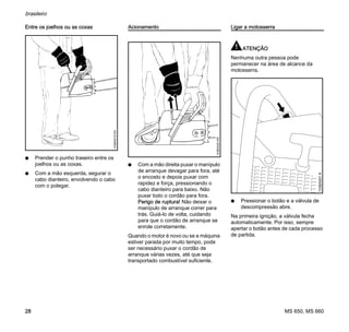 MS 650, MS 660
brasileiro
28
Entre os joelhos ou as coxas
N Prender o punho traseiro entre os
joelhos ou as coxas.
N Com a mão esquerda, segurar o
cabo dianteiro, envolvendo o cabo
com o polegar.
Acionamento
N Com a mão direita puxar o manípulo
de arranque devagar para fora, até
o encosto e depois puxar com
rapidez e força, pressionando o
cabo dianteiro para baixo. Não
puxar todo o cordão para fora.
Perigo de ruptura! Não deixar o
manípulo de arranque correr para
trás. Guiá-lo de volta, cuidando
para que o cordão de arranque se
enrole corretamente.
Quando o motor é novo ou se a máquina
estiver parada por muito tempo, pode
ser necessário puxar o cordão de
arranque várias vezes, até que seja
transportado combustível suficiente.
Ligar a motosserra
ATENÇÃO
Nenhuma outra pessoa pode
permanecer na área de alcance da
motosserra.
N Pressionar o botão e a válvula de
descompressão abre.
Na primeira ignição, a válvula fecha
automaticamente. Por isso, sempre
apertar o botão antes de cada processo
de partida.
143BA019KN
143BA020KN
133BA001K
 