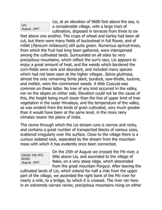LIO.
August, 1847.
CROSS THE PITI
RIVER.
August, 1847.
Lio, at an elevation of 9600 feet above the sea, is
a considerable village, with a large tract of
cultivation, disposed in terraces from three to six
feet above one another. The crops of wheat and barley had been all
cut, but there were many fields of buckwheat in full flower, and of
millet (Panicum miliaceum) still quite green. Numerous apricot-trees,
from which the fruit had long been gathered, were interspersed
among the cultivated lands. Surrounded on all sides by very
precipitous mountains, which reflect the sun's rays, Lio appears to
enjoy a great amount of heat, and the weeds which bordered the
corn-fields were rank and abundant, and included many species
which had not been seen at the higher villages. Salvia glutinosa,
almost the only remaining Simla plant, burdock, sow-thistle, lucerne,
and melilot, were the commonest weeds. A little Cuscuta was
common on these latter. No tree of any kind occurred in the valley,
nor on the slopes on either side. Elevation could not be the cause of
this, the height being much lower than the line of upper limit of tree
vegetation in the outer Himalaya, and the temperature of the valley,
as was evident from the kinds of grain cultivated, very much greater
than it would have been at the same level, in the more rainy
climates nearer the plains of India.
The ravine through which the Lio stream runs is narrow and rocky,
and contains a great number of transported blocks of various sizes,
scattered irregularly over the surface. Close to the village there is a
curious isolated rock, separated by the stream from the mountain
mass with which it has evidently once been connected.
On the 25th of August we crossed the Piti river, a
little above Lio, and ascended to the village of
Nako, on a very steep ridge, which descended
from the great mountain Porgyul. After leaving the
cultivated lands of Lio, which extend for half a mile from the upper
part of the village, we ascended the right bank of the Piti river for
nearly a mile, to a bridge, by which it is crossed. The river ran here
in an extremely narrow ravine, precipitous mountains rising on either
 