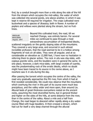 ANGULAR
BOULDERS.
August, 1847.
find, by a conduit brought more than a mile along the side of the hill
from the stream which occupies the mid-valley; the water of which
was collected into several ponds, one above another, in which it was
kept in reserve till required for irrigation. The crops cultivated were
buckwheat and a species of Brassica, both in flower. A number of
poplars and willows were planted along the stream, but no fruit-
trees.
Beyond this cultivated tract, the road, till we
reached Chango, was entirely barren. For several
miles we continued to pass through a most
extraordinary accumulation of transported blocks,
scattered irregularly on the gently sloping sides of the mountains.
They covered a very large area, and occurred in such almost
incredible profusion, that the road seemed to lie in a hollow among
fragments of rock on all sides. They were all angular; and at so
considerable an elevation as 12,000 feet, I have now no hesitation in
referring them to glacier action. The rock in situ was clay-slate, with
copious granite veins, and the boulders were in general the same. In
one place, however, a dark mica-slate, with large crystals of cyanite,
was the predominating rock of the erratic blocks, which no doubt
might have been traced to its source in the ravine above, as I
nowhere saw it in situ during the day.
After passing the torrent which occupies the centre of the valley, the
road very gradually approaches the Piti river, from which it had at
first receded considerably. We could now observe that the mountains
which overhung the river in this part of its course were much less
precipitous, and the valley wider and more open, than around Lio.
Alluvial beds of great thickness everywhere rested on the ancient
rocks, assuming the most diversified forms, but in general thicker
and higher on the sides of the hills, at some distance from the river,
than in the centre of the valley. About a mile and a half from
Chango, the road began to descend rather rapidly along a dry water-
course filled with huge boulders. It then crossed a stream, which
had cut for itself a very deep channel through the alluvial
 