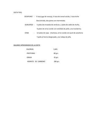 DIETA TIPO:
DESAYUNO : ½ taza jugo de naranja, ½ taza de cereal cocido, 1 taza leche
Descremada, dos panes con mermelada.
ALMUERZO : ½ plato de ensalada de verduras ,1 plato de caldo de chuño,
¾ plato de arroz cocido con estofado de pollo, una mandarina.
CENA : Un plato de sopa chochoca, arroz cocido con puré de zanahoria
Y pollo al horno desgrasado, una rodaja de piña.
BALANCE APROXIMADO DE LA DIETA
CALORIAS 1,845
PROTEINAS 80 grs.
GRASA 45 grs
HIDRATO DE CARBONO 280 grs.
 