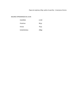 Papa con espinaca, 60 gr. pollo a la parrilla, 1 manzana al horno.
BALANCE APROXIMADO DE LA DIE
CALORIAS 2,150
Proteínas 90 gr.
Grasas 70 gr.
Carbohidratos 290gr.
 