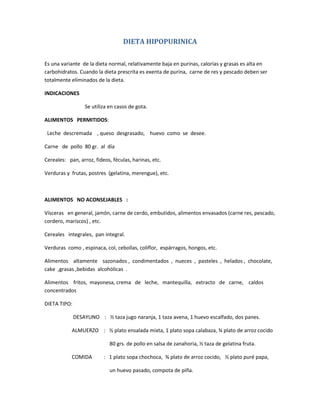 DIETA HIPOPURINICA
Es una variante de la dieta normal, relativamente baja en purinas, calorías y grasas es alta en
carbohidratos. Cuando la dieta prescrita es exenta de purina, carne de res y pescado deben ser
totalmente eliminados de la dieta.
INDICACIONES
Se utiliza en casos de gota.
ALIMENTOS PERMITIDOS:
Leche descremada , queso desgrasado, huevo como se desee.
Carne de pollo 80 gr. al día
Cereales: pan, arroz, fideos, féculas, harinas, etc.
Verduras y frutas, postres (gelatina, merengue), etc.
ALIMENTOS NO ACONSEJABLES :
Vísceras en general, jamón, carne de cerdo, embutidos, alimentos envasados (carne res, pescado,
cordero, mariscos) , etc.
Cereales integrales, pan integral.
Verduras como , espinaca, col, cebollas, coliflor, espárragos, hongos, etc.
Alimentos altamente sazonados , condimentados , nueces , pasteles , helados , chocolate,
cake ,grasas ,bebidas alcohólicas .
Alimentos fritos, mayonesa, crema de leche, mantequilla, extracto de carne, caldos
concentrados
DIETA TIPO:
DESAYUNO : ½ taza jugo naranja, 1 taza avena, 1 huevo escalfado, dos panes.
ALMUERZO : ½ plato ensalada mixta, 1 plato sopa calabaza, ¾ plato de arroz cocido
80 grs. de pollo en salsa de zanahoria, ½ taza de gelatina fruta.
COMIDA : 1 plato sopa chochoca, ¾ plato de arroz cocido, ½ plato puré papa,
un huevo pasado, compota de piña.
 