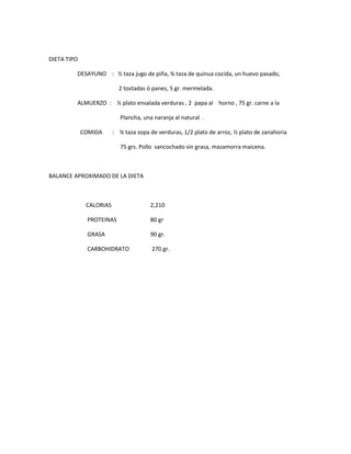 DIETA TIPO
DESAYUNO : ½ taza jugo de piña, ¾ taza de quinua cocida, un huevo pasado,
2 tostadas ó panes, 5 gr. mermelada.
ALMUERZO : ½ plato ensalada verduras , 2 papa al horno , 75 gr. carne a la
Plancha, una naranja al natural .
COMIDA : ¾ taza sopa de verduras, 1/2 plato de arroz, ½ plato de zanahoria
75 grs. Pollo sancochado sin grasa, mazamorra maicena.
BALANCE APROXIMADO DE LA DIETA
CALORIAS 2,210
PROTEINAS 80 gr
GRASA 90 gr.
CARBOHIDRATO 270 gr.
 