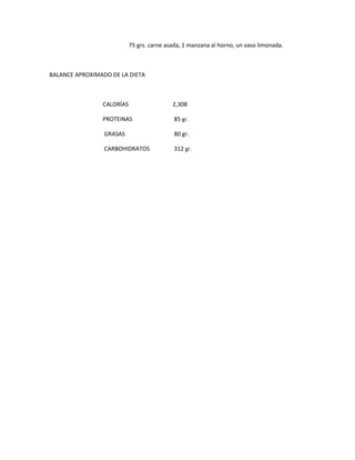 75 grs. carne asada, 1 manzana al horno, un vaso limonada.
BALANCE APROXIMADO DE LA DIETA
CALORÍAS 2,308
PROTEINAS 85 gr.
GRASAS 80 gr.
CARBOHIDRATOS 312 gr.
 