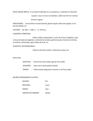 DIETA LIQUIDA AMPLIA.- Es una dieta modificada en su consistencia y realizada con alimentos
Líquidos ó que se licúan con facilidad y debe estar libre de residuos
Animal ó vegetal.
INDICACIONES.- Se prescribe en el post-operado, gastritis aguda, infecciones agudas, en las
diarreas (EDAS), etc.
VOLUMEN : De 800 a 1,600 cc . en 24 horas .
ALIMENTOS PERMITIDOS:
Caldos colados y desgrasados ya sean de carnes ó vegetales, sopas
cremas tamizadas de vegetales, cocimiento de cereales, gelatina liquida, infusiones de hierbas
aromáticas edulcoradas, jugos colados de fruta, etc.
ALIMENTOS NO ACONSEJABLES :
Todos los alimentos sólidos, condimentos, grasas, etc.
DIETA TIPO:
DESAYUNO : Cocción de cereal colado, jugo de fruta colado.
ALMUERZO : Sopa crema colada, gelatina liquida.
COMIDA : Caldo de pollo desgrasado, mazamorra de fruta colada.
BALANCE APROXIMADO DE LA DIETA
CALORIAS 951
PROTEINAS 11 grs.
GRASAS 3 grs.
HIDRATOS DE CARBONO 220 grs.
 