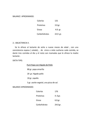 BALANCE APROXIMADO:
Calorías 131
Proteínas 3.0 gr.
Grasa 4.0 gr.
Carbohidratos 22.0 gr.
2.- ABLACTANCIA II.
Se le ofrece al lactante de ocho a nueve meses de edad , con una
consistencia espesa ( colado) , de cinco a siete cucharas cada comida, se
darán tres comidas al día y el resto son mamadas que le ofrece la madre
lactante .
DIETA TIPO.
Puré Papa con Hígado de Pollo
80 gr. papa amarilla
20 gr. hígado pollo
10 gr. zapallo
5 gr. aceite vegetal, una pizca de sal.
BALANCE APROXIMADO:
Calorías 176
Proteínas 4 .0 gr.
Grasa 6.0 gr.
Carbohidrato 24.0 gr.
 