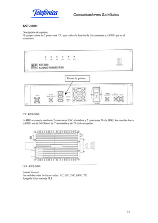 Comunicaciones Satelitales
35
KST-3000:
Descripción de equipos:
El equipo consta de 2 partes una IDU que realiza la función de Up-converter y la ODU que es el
transmisor.
IDU KST-3000
La IDU se conecta mediante 2 conectores BNC al módem y 2 conectores N a la ODU, los coaxiles hacia
la ODU son de 50 Ohm el de Transmisión y de 75 el de recepción.
ODU KST-3000
Estado Normal:
Encendidas todas las luces verdes, AC, U/C, D/C, ODU, TX
Apagada la luz naranja FLT
Puerto de gestion
 