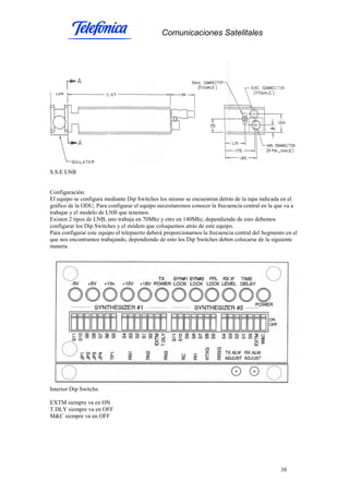 Comunicaciones Satelitales
38
S.S.E LNB
Configuración:
El equipo se configura mediante Dip Switches los mismo se encuentran detrás de la tapa indicada en el
gráfico de la ODU, Para configurar el equipo necesitaremos conocer la frecuencia central en la que va a
trabajar y el modelo de LNB que tenemos.
Existen 2 tipos de LNB, uno trabaja en 70Mhz y otro en 140Mhz, dependiendo de esto debemos
configurar los Dip Switches y el módem que coloquemos atrás de este equipo.
Para configurar este equipo el telepuerto deberá proporcionarnos la frecuencia central del Segmento en el
que nos encontramos trabajando, dependiendo de esto los Dip Switches deben colocarse de la siguiente
manera.
Interior Dip Switchs.
EXTM siempre va en ON
T.DLY siempre va en OFF
M&C siempre va en OFF
 