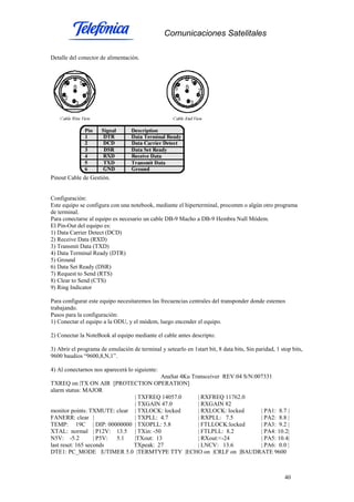 Comunicaciones Satelitales
40
Detalle del conector de alimentación.
Pinout Cable de Gestión.
Configuración:
Este equipo se configura con una notebook, mediante el hiperterminal, procomm o algún otro programa
de terminal.
Para conectarse al equipo es necesario un cable DB-9 Macho a DB-9 Hembra Null Módem.
El Pin-Out del equipo es:
1) Data Carrier Detect (DCD)
2) Receive Data (RXD)
3) Transmit Data (TXD)
4) Data Terminal Ready (DTR)
5) Ground
6) Data Set Ready (DSR)
7) Request to Send (RTS)
8) Clear to Send (CTS)
9) Ring Indicator
Para configurar este equipo necesitaremos las frecuencias centrales del transponder donde estemos
trabajando.
Pasos para la configuración:
1) Conectar el equipo a la ODU, y el módem, luego encender el equipo.
2) Conectar la NoteBook al equipo mediante el cable antes descripto.
3) Abrir el programa de emulación de terminal y setearlo en 1start bit, 8 data bits, Sin paridad, 1 stop bits,
9600 baudios “9600,8,N,1”.
4) Al conectarnos nos aparecerá lo siguiente:
AnaSat 4Ku Transceiver REV:04 S/N:007331
TXREQ on |TX ON AIR [PROTECTION OPERATION]
alarm status: MAJOR
| TXFREQ 14057.0 | RXFREQ 11762.0
| TXGAIN 47.0 | RXGAIN 82
monitor points: TXMUTE: clear | TXLOCK: locked | RXLOCK: locked | PA1: 8.7 |
FANERR: clear | | TXPLL: 4.7 | RXPLL: 7.5 | PA2: 8.8 |
TEMP: 19C | DIP: 00000000 | TXOPLL: 5.8 | FTLLOCK:locked | PA3: 9.2 |
XTAL: normal | P12V: 13.5 | TXin: -50 | FTLPLL: 8.2 | PA4: 10.2|
N5V: -5.2 | P5V: 5.1 |TXout: 13 | RXout:<-24 | PA5: 10.4|
last reset: 165 seconds TXpeak: 27 | LNCV: 13.6 | PA6: 0.0 |
DTE1: PC_MODE |UTIMER 5.0 |TERMTYPE TTY |ECHO on |CRLF on |BAUDRATE 9600
 