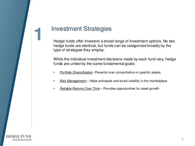 an overview of hedge funds and different strategies to manage them However, there are several different kinds or strategies of hedge funds that do different things the goals of the hedge fund will determine its investments some of the most common include macro . an overview of hedge funds and different strategies to manage them However, there are several different kinds or strategies of hedge funds that do different things the goals of the hedge fund will determine its investments some of the most common include macro .