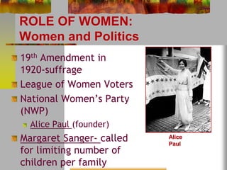 ROLE OF WOMEN: 
Women and Politics 
19th Amendment in 
1920-suffrage 
League of Women Voters 
National Women’s Party 
(NWP) 
Alice Paul (founder) 
Margaret Sanger- called 
for limiting number of 
children per family 
Alice 
Paul 
 
