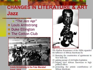 CHANGES IN LITERATURE & ART 
Jazz 
“The Jazz Age” 
Louis Armstrong 
Duke Ellington 
The Cotton Club 
Louis Armstrong & the Fate Marabel 
band, 1919 
Louis 
Armstrong 
 