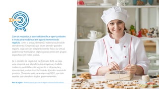 Com as respostas, é possível identificar oportunidades
e sinais para mudanças em alguns elementos do
negócio, como o preço, demanda, material ou local de
atendimento. Empresas que visam atender grandes
regiões, seja com um estabelecimento físico ou virtual,
podem criar formulários digitais para o envio em grupos
específicos em redes sociais.
Se o modelo de negócio é no formato B2B, ou seja,
uma empresa que atende outras empresas, é válido
conhecer os detalhes do segmento e informações
internas que podem interferir na decisão de compra do
produto. O mesmo vale para empresas B2G, que são
aquelas que atendem órgãos governamentais.
20
Plano de negócio - Primeiros passos para criar um negócio e estruturar a sua empresa
 