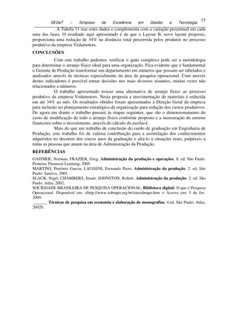 15
          SEGeT      –    Simpósio    de    Excelência   em     Gestão    e    Tecnologia
15          . A Tabela 11 traz estes dados e complementa com a variação percentual em cada
 uma das fases. O resultado aqui apresentado é de que o Layout B, novo layout proposto,
 proporciona uma redução de 34% na distância total percorrida pelos produtos no processo
 produtivo da empresa Vedamotors.
 CONCLUSÕES
             Com este trabalho pudemos verificar o quão complexo pode ser a metodologia
 para determinar o arranjo físico ideal para uma organização. Fica evidente que é fundamental
 o Gerente de Produção transformar seu departamento em números que possam ser tabelados e
 analisados através de técnicas especialmente da área de pesquisa operacional. Com através
 destes indicadores é possível tomar decisões nos mais diversos assuntos, muitas vezes não
 relacionados a números.
             O trabalho apresentado trouxe uma alternativa de arranjo físico ao processo
 produtivo da empresa Vedamotors. Nesta proposta a movimentação de materiais é reduzida
 em até 34% ao mês. Os resultados obtidos foram apresentados à Direção Geral da empresa
 para inclusão no planejamento estratégico da organização para redução dos custos produtivos.
 De agora em diante o trabalho passará às etapas seguintes, que são o dimensionamento do
 custo de modificação de todo o arranjo físico conforme proposto e a mensuração do retorno
 financeiro sobre o investimento, através do cálculo do payback.
             Mais do que um trabalho de conclusão do curdo de graduação em Engenharia de
 Produção, este trabalho foi de valiosa contribuição para a assimilação dos conhecimentos
 adquiridos no decorrer dos cincos anos da graduação e aliá-lo à situações reais, palpáveis a
 todas as pessoas que atuam na área de Administração da Produção.
 REFERÊNCIAS
 GAITHER, Norman; FRAZIER, Greg. Administração da produção e operações. 8. ed. São Paulo:
 Pioneira Thomson Learning, 2005.
 MARTINS, Petrônio Garcia; LAUGENI, Fernando Piero. Administração da produção. 2. ed. São
 Paulo: Saraiva, 2005.
 SLACK, Nigel; CHAMBERS, Stuart; JOHNSTON, Robert. Administração da produção. 2. ed. São
 Paulo: Atlas, 2002.
 SOCIEDADE BRASILEIRA DE PESQUISA OPERACIONAL, Biblioteca digital: O que é Pesquisa
 Operacional. Disponível em: <http://www.sobrapo.org.br/sitesobrapo.htm > Acesso em: 5 de fev.
 2009.
 ______. Técnicas de pesquisa em economia e elaboração de monografias. 4.ed. São Paulo: Atlas,
 2002b.
 