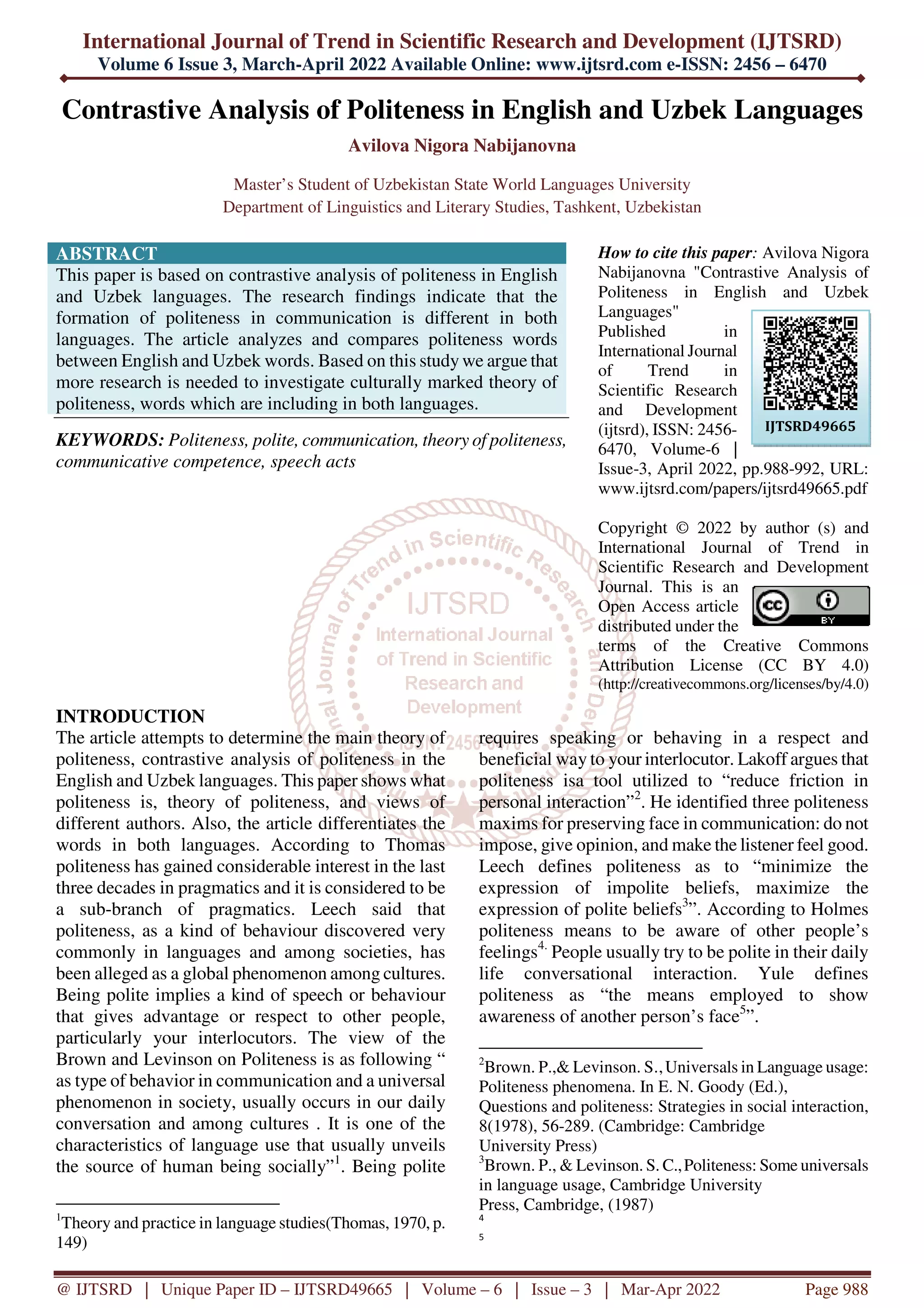 Contrastive Analysis of Politeness in English and Uzbek Languages | PDF