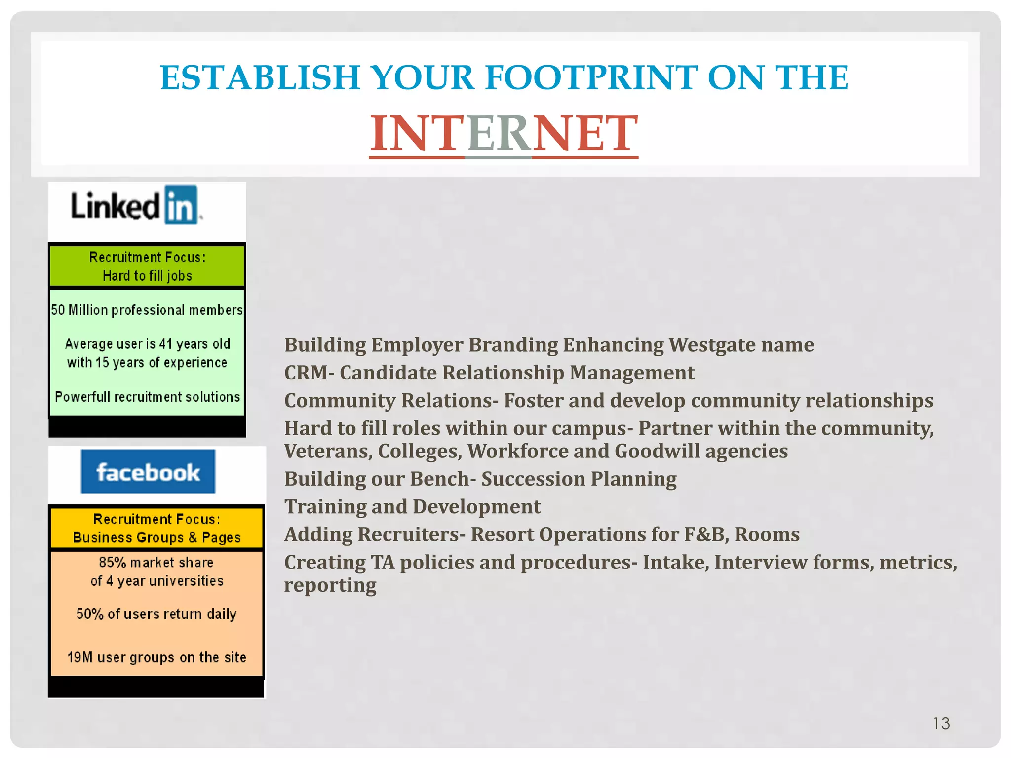 13
ESTABLISH YOUR FOOTPRINT ON THE
INTERNET
Building Employer Branding Enhancing Westgate name
CRM- Candidate Relationship Management
Community Relations- Foster and develop community relationships
Hard to fill roles within our campus- Partner within the community,
Veterans, Colleges, Workforce and Goodwill agencies
Building our Bench- Succession Planning
Training and Development
Adding Recruiters- Resort Operations for F&B, Rooms
Creating TA policies and procedures- Intake, Interview forms, metrics,
reporting
 
