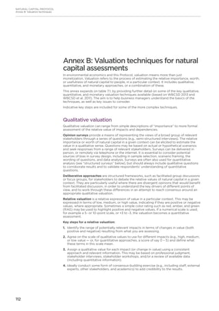112
Annex B: Valuation techniques for natural
capital assessments
In environmental economics and this Protocol, valuation means more than just
monetization. Valuation refers to the process of estimating the relative importance, worth,
or usefulness of natural capital to people, in a particular context. It includes qualitative,
quantitative, and monetary approaches, or a combination of these.
This annex expands on table 7.1, by providing further detail on some of the key qualitative,
quantitative, and monetary valuation techniques available (based on WBCSD 2013 and
WBCSD et al. 2011). The aim is to help business managers understand the basics of the
techniques, as well as key issues to consider.
Indicative key steps are included for some of the more complex techniques.
Qualitative valuation
Qualitative valuation can range from simple descriptions of “importance” to more formal
assessment of the relative value of impacts and dependencies.
Opinion surveys provide a means of representing the views of a broad group of relevant
stakeholders through a series of questions (e.g., semi-structured interviews). The relative
importance or worth of natural capital in a given context can be elicited to estimate the
value in a qualitative sense. Questions may be based on actual or hypothetical scenarios
and seek responses from a range of relevant stakeholders. Surveys can be delivered in
person, or remotely via telephone or the internet. It is essential to consider potential
sources of bias in survey design, including in sample selection, scenario framing, the
wording of questions, and data analysis. Surveys are often also used for quantitative
analysis (see “structured surveys” below), but should always include qualitative questions
to corroborate results and to validate respondents’ understanding of quantitative
questions.
Deliberative approaches are structured frameworks, such as facilitated group discussions
or focus groups, for stakeholders to debate the relative values of natural capital in a given
context. They are particularly useful where there are divergent opinions that would benefit
from facilitated discussion, in order to understand the key drivers of different points of
view, and to work through these differences in an attempt to reach consensus around an
appropriate qualitative valuation.
Relative valuation is a relative expression of value in a particular context. This may be
expressed in terms of low, medium, or high value, indicating if they are positive or negative
values, where appropriate. Sometimes a simple color rating such as red, amber, and green
(RAG) may be used to highlight positive and negative values. If a numerical scale is used,
for example a 5- or 10-point scale, or +3 to -3, the valuation becomes a quantitative
assessment.
Key steps for a relative valuation:
1.	Identify the range of potentially relevant impacts in terms of changes in value (both
positive and negative) resulting from what you are assessing.
2.	Agree on the scale of qualitative values to use for different impacts (e.g., high, medium,
or low value — or, for quantitative approaches, a score of say 0 – 5) and define what
these terms in this scale mean.
3.	Assign a qualitative value for each impact (or change in value) using a consistent
approach and relevant information. This may be based on professional judgment,
stakeholder interviews, stakeholder workshops, and/or a review of available data
(including quantitative information).
4.	Ideally conduct some form of consensus-building exercise (e.g., including staff, external
experts, other stakeholders, and academics) to add credibility to the results.
NATURAL CAPITAL PROTOCOL
Annex B: Valuation techniques
 