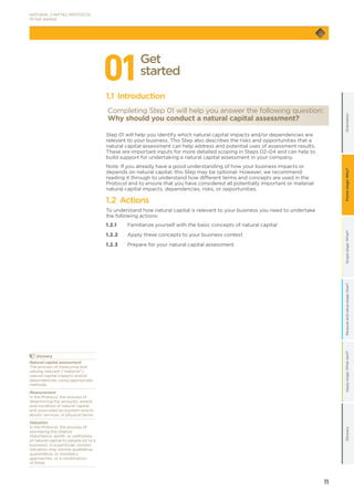 11
GlossaryApplystage:Whatnext?OrientationScopestage:What?Measureandvaluestage:How?Framestage:Why?
NATURAL CAPITAL PROTOCOL
01 Get started
011.1 Introduction
Completing Step 01 will help you answer the following question:
Why should you conduct a natural capital assessment?
Step 01 will help you identify which natural capital impacts and/or dependencies are
relevant to your business. This Step also describes the risks and opportunities that a
natural capital assessment can help address and potential uses of assessment results.
These are important inputs for more detailed scoping in Steps 02–04 and can help to
build support for undertaking a natural capital assessment in your company.
Note: If you already have a good understanding of how your business impacts or
depends on natural capital, this Step may be optional. However, we recommend
reading it through to understand how different terms and concepts are used in the
Protocol and to ensure that you have considered all potentially important or material
natural capital impacts, dependencies, risks, or opportunities.
1.2 Actions
To understand how natural capital is relevant to your business you need to undertake
the following actions:
1.2.1	Familiarize yourself with the basic concepts of natural capital
1.2.2	 Apply these concepts to your business context
1.2.3	 Prepare for your natural capital assessment
Get
started
	Glossary
Natural capital assessment
The process of measuring and
valuing relevant (“material”)
natural capital impacts and/or
dependencies, using appropriate
methods.
Measurement
In the Protocol, the process of
determining the amounts, extent,
and condition of natural capital
and associated ecosystem and/or
abiotic services, in physical terms.
Valuation
In the Protocol, the process of
estimating the relative
importance, worth, or usefulness
of natural capital to people (or to a
business), in a particular context.
Valuation may involve qualitative,
quantitative, or monetary
approaches, or a combination
of these.
 