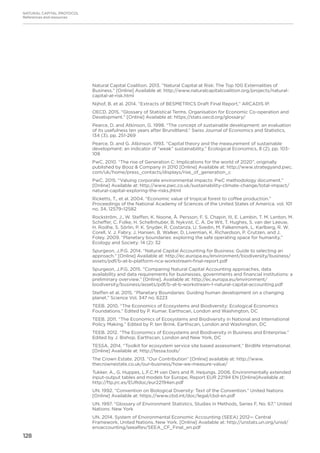 128
NATURAL CAPITAL PROTOCOL
References and resources
Natural Capital Coalition. 2013. “Natural Capital at Risk: The Top 100 Externalities of
Business.” [Online] Available at: http://www.naturalcapitalcoalition.org/projects/natural-
capital-at-risk.html
Nijhof, B. et al. 2014. “Extracts of BESMETRICS Draft Final Report.” ARCADIS IP.
OECD. 2015. “Glossary of Statistical Terms. Organisation for Economic Co-operation and
Development.” [Online] Available at: https://stats.oecd.org/glossary/
Pearce, D. and Atkinson, G. 1998. “The concept of sustainable development: an evaluation
of its usefulness ten years after Brundtland.” Swiss Journal of Economics and Statistics,
134 (3). pp. 251-269
Pearce, D. and G. Atkinson. 1993. “Capital theory and the measurement of sustainable
development: an indicator of “weak” sustainability.” Ecological Economics, 8 (2). pp. 103-
108
PwC. 2010. “The rise of Generation C: Implications for the world of 2020”, originally
published by Booz  Company in 2010 [Online] Available at: http://www.strategyand.pwc.
com/uk/home/press_contacts/displays/rise_of_generation_c
PwC. 2015. “Valuing corporate environmental impacts: PwC methodology document.”
[Online] Available at: http://www.pwc.co.uk/sustainability-climate-change/total-impact/
natural-capital-exploring-the-risks.jhtml
Ricketts, T., et al. 2004. “Economic value of tropical forest to coffee production.”
Proceedings of the National Academy of Sciences of the United States of America. vol. 101
no. 34, 12579–12582
Rockström, J., W. Steffen, K. Noone, Å. Persson, F. S. Chapin, III, E. Lambin, T. M. Lenton, M.
Scheffer, C. Folke, H. Schellnhuber, B. Nykvist, C. A. De Wit, T. Hughes, S. van der Leeuw,
H. Rodhe, S. Sörlin, P. K. Snyder, R. Costanza, U. Svedin, M. Falkenmark, L. Karlberg, R. W.
Corell, V. J. Fabry, J. Hansen, B. Walker, D. Liverman, K. Richardson, P. Crutzen, and J.
Foley. 2009. “Planetary boundaries: exploring the safe operating space for humanity.”
Ecology and Society: 14 (2): 32
Spurgeon, J.P.G. 2014. “Natural Capital Accounting for Business: Guide to selecting an
approach.” [Online] Available at: http://ec.europa.eu/environment/biodiversity/business/
assets/pdf/b-at-b-platform-nca-workstream-final-report.pdf
Spurgeon, J.P.G. 2015. “Comparing Natural Capital Accounting approaches, data
availability and data requirements for businesses, governments and financial institutions: a
preliminary overview.” [Online]. Available at: http://ec.europa.eu/environment/
biodiversity/business/assets/pdf/b-at-b-workstream-1-natural-capital-accounting.pdf
Steffen et al. 2015. “Planetary Boundaries: Guiding human development on a changing
planet.” Science Vol. 347 no. 6223
TEEB. 2010. “The Economics of Ecosystems and Biodiversity: Ecological Economics
Foundations.” Edited by P. Kumar. Earthscan, London and Washington, DC
TEEB. 2011. “The Economics of Ecosystems and Biodiversity in National and International
Policy Making.” Edited by P. ten Brink. Earthscan, London and Washington, DC
TEEB. 2012. “The Economics of Ecosystems and Biodiversity in Business and Enterprise.”
Edited by J. Bishop. Earthscan, London and New York, DC
TESSA. 2014. “Toolkit for ecosystem service site based assessment.” Birdlife International.
[Online] Available at: http://tessa.tools/
The Crown Estate. 2013. “Our Contribution” [Online] available at: http://www.
thecrownestate.co.uk/our-business/how-we-measure-value/
Tukker, A., G. Huppes, L.F.C.M van Oers and R. Heijungs. 2006. Environmentally extended
input-output tables and models for Europe, Report EUR 22194 EN [Online]Available at:
http://ftp.jrc.es/EURdoc/eur22194en.pdf
UN. 1992. “Convention on Biological Diversity: Text of the Convention.” United Nations
[Online] Available at: https://www.cbd.int/doc/legal/cbd-en.pdf
UN. 1997. “Glossary of Environment Statistics, Studies in Methods, Series F, No. 67.” United
Nations: New York
UN. 2014. System of Environmental Economic Accounting (SEEA) 2012— Central
Framework. United Nations. New York. [Online] Available at: http://unstats.un.org/unsd/
envaccounting/seeaRev/SEEA_CF_Final_en.pdf
 