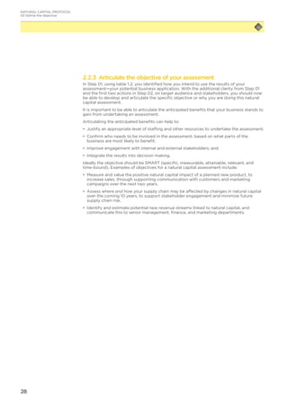 28
2.2.3 Articulate the objective of your assessment
In Step 01, using table 1.2, you identified how you intend to use the results of your
assessment—your potential business application. With the additional clarity from Step 01
and the first two actions in Step 02, on target audience and stakeholders, you should now
be able to develop and articulate the specific objective or why you are doing this natural
capital assessment.
It is important to be able to articulate the anticipated benefits that your business stands to
gain from undertaking an assessment.
Articulating the anticipated benefits can help to:
•	 Justify an appropriate level of staffing and other resources to undertake the assessment;
•	 Confirm who needs to be involved in the assessment, based on what parts of the
business are most likely to benefit;
•	 Improve engagement with internal and external stakeholders; and
•	 Integrate the results into decision making.
Ideally the objective should be SMART (specific, measurable, attainable, relevant, and
time-bound). Examples of objectives for a natural capital assessment include:
•	 Measure and value the positive natural capital impact of a planned new product, to
increase sales, through supporting communication with customers and marketing
campaigns over the next two years.
•	 Assess where and how your supply chain may be affected by changes in natural capital
over the coming 10 years, to support stakeholder engagement and minimize future
supply chain risk.
•	 Identify and estimate potential new revenue streams linked to natural capital, and
communicate this to senior management, finance, and marketing departments.
NATURAL CAPITAL PROTOCOL
02 Define the objective
 
