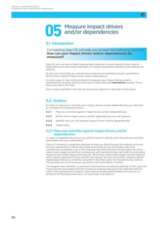 58
NATURAL CAPITAL PROTOCOL
05 Measure impact drivers and/or dependencies
055.1 Introduction
Completing Step 05 will help you answer the following question:
How can your impact drivers and/or dependencies be
measured?
Step 05 sets out how to select appropriate measures for your impact drivers and/or
dependencies and provides examples of a range of potential indicators and methods for
analysis.
By the end of the Step you should have measured (in qualitative and/or quantitative
terms) each material impact driver and/or dependency.
In some cases, it may not be practical to measure your impact drivers and/or
dependencies directly, and you will need to make informed estimations instead. This is
discussed within this Step.
Note: Unless specified in the text all actions are relevant to all three Components
5.2 Actions
In order to measure or estimate your impact drivers and/or dependencies you will need
to complete the following actions:
5.2.1	 Map your activities against impact drivers and/or dependencies
5.2.2	 Define which impact drivers and/or dependencies you will measure
5.2.3	 Identify how you will measure impact drivers and/or dependencies
5.2.4	 Collect data
5.2.1 Map your activities against impact drivers and/or
dependencies
In order to complete this action you will first need to identify all of the relevant activities
associated with your assessment.
Figure 5.1 presents a simplified example to help you think through the relevant activities
for your assessment. It shows the range of activities across the supply chain and
manufacture of a plastic cup. In this example, the main activities are grouped into three
value-chain stages (production, processing, and manufacturing), each with its associated
impact drivers (both inputs and outputs). All of these value-chain stages likewise depend
upon natural capital and the ecosystem and abiotic services it provides, creating natural
capital dependencies, including ecosystems that filter water for manufacturing, natural
flood protection for all business operations, and assimilation of waste.
The diagram also identifies co-products that must be considered explicitly. In this case, the
impact drivers associated with the production and processing of raw materials that are
used in the manufacture of plastic cups need to be allocated between the various co-
products of these processes (e.g., oil, chemicals, and plastics).
Measure impact drivers
and/or dependencies
 