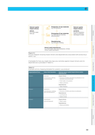 59
OrientationFramestage:Why?Scopestage:What?Applystage:Whatnext?GlossaryMeasureandvaluestage:How?
OUTPUTS
E.g. Non-hazardous
waste, air pollution,
discharges to water
Natural capital
impact drivers
Natural capital dependencies
E.g. Fresh water, land, ﬂood protection, climate
control, waste assimilation
Production of raw materials
E.g. Oil extraction
Processing of raw materials
E.g. Reﬁning and cracking,
polymerization
Manufacturing
E.g. Extrusion molding
Natural capital
impact drivers
INPUTS
E.g. Fresh water,
land use
Figure 5.1
Process diagram showing impact drivers and dependencies associated with producing a
plastic cup
A template for how you might now map your activities against impact drivers and /or
dependencies is provided in Table 5.1.
Table 5.1
Example activity-mapping template for a plastic cup producer
Organizational focus Value-chain boundary Material natural capital impact drivers and/or
dependencies
Product Upstream
(oil extraction, refining,
and processing)
Impact drivers
−− Emissions of GHGs and other air pollutants (in oil
extraction and processing)
−− Fresh water consumption
−− Water pollutants
Dependencies
−− Water filtration
Product Operations
(cup extrusion, molding,
sale, and distribution)
Impact drivers
−− Emissions of GHGs and other air pollutants
Dependencies
−− Low flood risk
−− Stable climate
Product Downstream
(use and disposal)
Impact drivers
−− Plastic waste
Dependencies
−− Waste assimilation
 