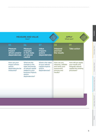 Framestage:Why?Scopestage:What?Measureandvaluestage:How?Applystage:Whatnext?GlossaryOrientation
5
APPLY
What next?
MEASURE AND VALUE
How?
05
Measure
impact
drivers and/or
dependencies
06
Measure
changes
in the state
of natural
capital
07
Value
impacts
and/or
dependencies
08
Interpret
and test
the results
09
Take action
How can your
impact drivers
and/or
dependencies be
measured?
What are the
changes in the
state and trends
of natural capital
related to your
business impacts
and/or
dependencies?
What is the value
of your natural
capital impacts
and/or
dependencies?
How can you
interpret, validate
and verify your
assessment
process and
results?
How will you apply
your results and
integrate natural
capital into existing
processes?
 