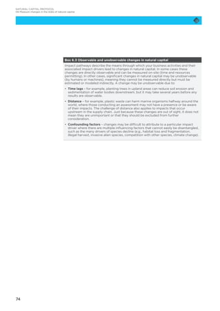 74
Box 6.3 Observable and unobservable changes in natural capital
Impact pathways describe the means through which your business activities and their
associated impact drivers lead to changes in natural capital. In some cases these
changes are directly observable and can be measured on-site (time and resources
permitting). In other cases, significant changes in natural capital may be unobservable
(by humans or machines), meaning they cannot be measured directly but must be
estimated or modeled indirectly. A change may be unobservable due to:
•	 Time lags – for example, planting trees in upland areas can reduce soil erosion and
sedimentation of water bodies downstream, but it may take several years before any
results are observable.
•	 Distance – for example, plastic waste can harm marine organisms halfway around the
world, where those conducting an assessment may not have a presence or be aware
of their impacts. The challenge of distance also applies to impacts that occur
upstream in the supply chain. Just because these changes are out of sight, it does not
mean they are unimportant or that they should be excluded from further
consideration.
•	 Confounding factors – changes may be difficult to attribute to a particular impact
driver where there are multiple influencing factors that cannot easily be disentangled,
such as the many drivers of species decline (e.g., habitat loss and fragmentation,
illegal harvest, invasive alien species, competition with other species, climate change).
NATURAL CAPITAL PROTOCOL
06 Measure changes in the state of natural capital
 