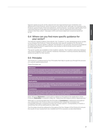 Framestage:Why?Scopestage:What?Measureandvaluestage:How?Applystage:Whatnext?GlossaryOrientation
7
0.5 Principles
The Protocol is underpinned by four Principles that help to guide you through the process
of a natural capital assessment.
These Principles are:
Relevance
Ensure that you consider the most relevant issues throughout your natural capital
assessment including the impacts and/or dependencies that are most material for the
business and its stakeholders (adapted from CDSB 2015 and WRI and WBCSD 2004).
Rigor
Use technically robust (from a scientific and economic perspective) information, data,
and methods that are also fit for purpose.
Replicability
Ensure that all assumptions, data, caveats, and methods used are transparent, traceable,
fully documented, and repeatable. This allows for eventual verification or audit, as
required (adapted from GRI 2013).
Consistency
Ensure the data and methods used for an assessment are compatible with each other and
with the scope of analysis, which depends on the overall objective and expected
application (adapted from WRI and WBCSD 2004 and IIRC 2013).
Note: Whereas Relevance is a principle to adhere to throughout the application of the
Protocol, Materiality is covered in Step 04, “Determine the impacts and/or dependencies.”
Although it is recommended that the Principle of Consistency is adhered to throughout
your assessment, the Protocol does not propose that outputs be consistent and
comparable between companies as they are context specific. Comparability of results is
something that will be addressed at a later date.
The Principles should be adhered to throughout the four Stages of the Protocol to ensure
the results of your assessment are credible and fit for purpose, as described below.
Natural capital accounts at the national and sub-regional level have similarities and
differences to the Protocol, which focuses at a business level. Although not covered in this
Protocol, governments, financial institutions, and businesses “would gain significantly from
improved sharing of the data and information on natural capital and environmental
impacts that they collect” (Spurgeon 2015) and future alignment would be beneficial
for all.
0.4 Where can you find more specific guidance for
your sector?
The Natural Capital Coalition (henceforth, the “Coalition”) is also developing sector guides
to accompany the Protocol. These will provide more specific guidance for the sector,
including why natural capital is relevant, the benefits it can provide, and practical guidance
for applying the Protocol supported by case studies to demonstrate sector-specific
business applications.
The sector guides are available on the Coalition website. The Coalition welcomes dialogue
with those engaged in sector-specific initiatives interested in working towards developing
additional guides for their sectors.
 