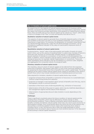 90
Box 7.2 Valuation of natural capital stocks
As noted in box 6.1, the majority of natural capital assessments for business will be
primarily concerned with flows (following an impact and dependency approach), and for
this reason the Protocol provides significantly more guidance on measuring and valuing
flows. Here we briefly discuss how natural capital can be valued as a “stock”, rather than
in terms of changes in the “flow” of costs and benefits that derive from it.
Qualitative valuation of natural capital stocks
The capacity of natural capital to generate flows of benefits depends partly on the size
and condition of the stock, but also on more qualitative attributes, such as historical
importance or legal status. For example, the designation of Australia’s Great Barrier Reef
as a World Heritage Natural Site, under the UN World Heritage Convention, can be
considered a qualitative indicator of the value of a particularly impressive stock of
natural capital.
Quantitative valuation of natural capital stocks
In physical terms, “stocks” refer to the total quantity and quality of assets at a given
point in time, such as the volume of standing timber in a given area, hectares of land of a
particular type, biomass of commercially valuable species in a designated fishery,
proven reserves of minerals in a concession, or tons of CO2e in the atmosphere (UN
2014). In addition, various indicators may be used to measure the condition of a stock of
biological resources, for example, habitat fragmentation or connectivity. These and
other quantitative stock indicators may be normalized on a common scale, weighted,
and aggregated into composite indices of ecological health.
Monetary valuation of natural capital stocks
The monetary value of a stock of natural capital can be inferred from the expected
future flow of benefits. Net present value (NPV) is one of the commonly applied tools
for assessing the discounted future flow of benefits from a given capital asset. The same
method can be used to assess natural capital stocks, based on estimates of the value of
benefit flows (which may include marketed and non-marketed goods and services).
Data required for monetary valuation of natural capital stocks may include:
•	 projection of future flows of benefits or extraction of resources on a sustainable basis
(without undermining productive capacity);
•	 projection of changes in real marginal values (prices) of benefits over time (e.g., due to
demographic trends or economic growth);
•	 estimation of the future costs of deriving benefits (e.g., extraction of resources);
•	 determination of the life of the asset (in years), which may be indefinite depending on
the management regime and the nature of the resource;
•	 determination of appropriate discount rates (market or social, depending on the
context).
Challenges
There is significant uncertainty about the future condition of natural capital and the
resulting flows of benefits, which may be affected by climate change or other
environmental conditions. There is likewise uncertainty about future demand for the
benefits currently provided by natural capital, which may vary due to socio-economic or
technological changes. Such uncertainties about the future are one of the reasons why
discounting is commonly applied to future values when assessing stock values in
monetary terms. In fact, the discount rate is often the single parameter to which
estimates of the net present value of stocks are most sensitive (see box 7.3 for discussion
of discounting in natural capital valuations).
NATURAL CAPITAL PROTOCOL
07 Value impacts and/or dependencies
 