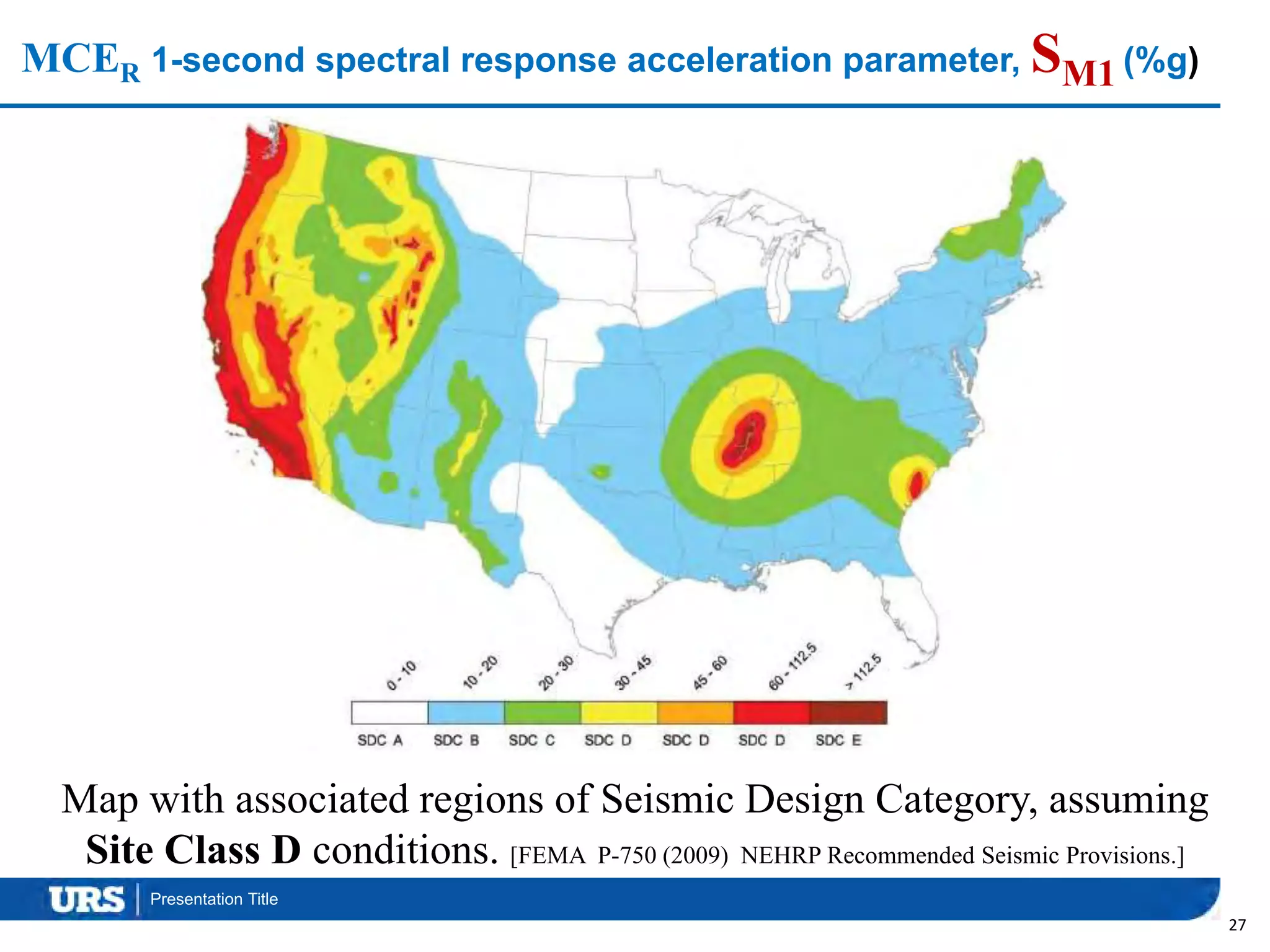 Presentation Title
MCER 1-second spectral response acceleration parameter, SM1 (%g)
27
Map with associated regions of Seismic Design Category, assuming
Site Class D conditions. [FEMA P-750 (2009) NEHRP Recommended Seismic Provisions.]
 