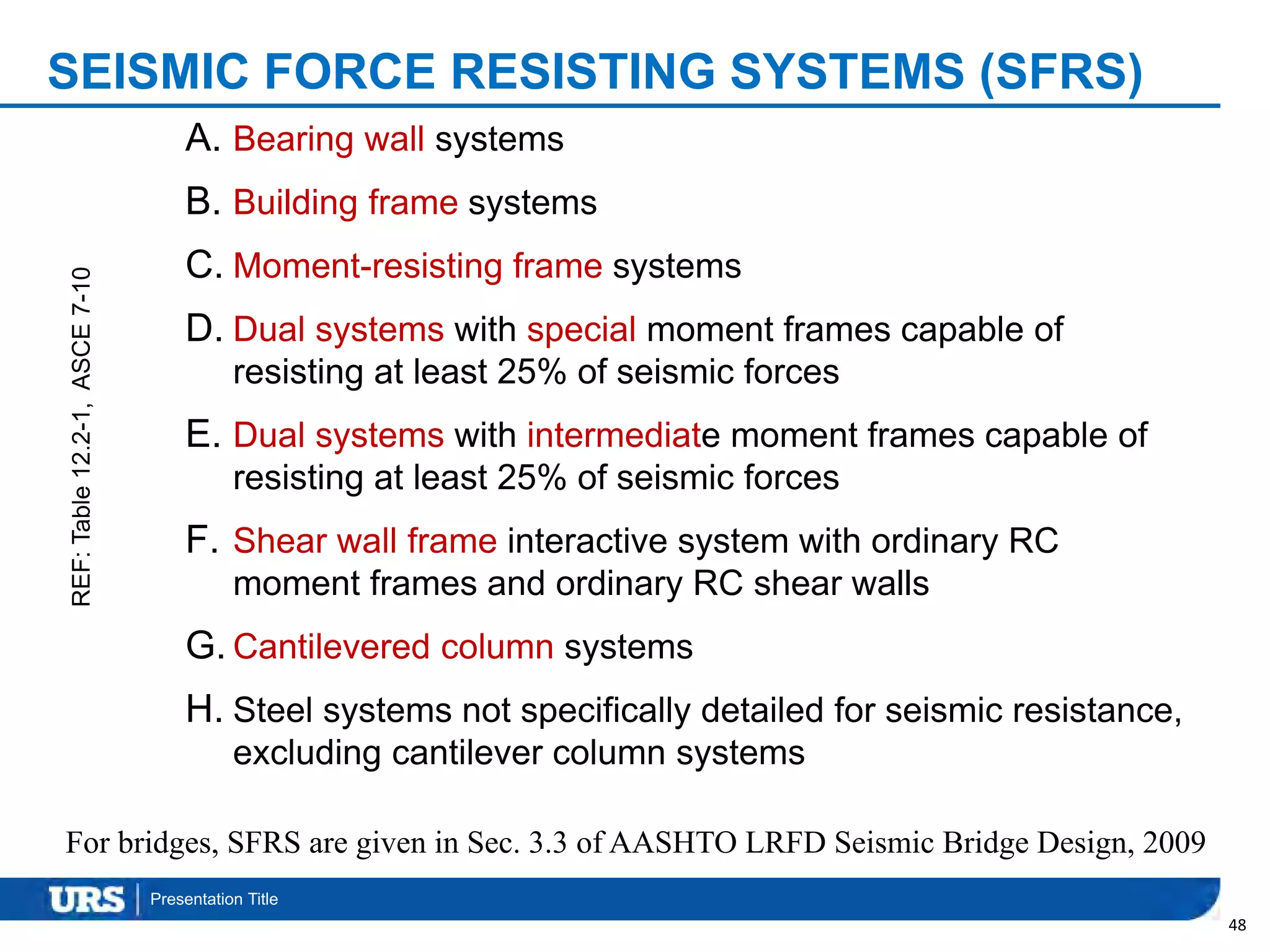 Presentation Title
SEISMIC FORCE RESISTING SYSTEMS (SFRS)
A. Bearing wall systems
B. Building frame systems
C. Moment-resisting frame systems
D. Dual systems with special moment frames capable of
resisting at least 25% of seismic forces
E. Dual systems with intermediate moment frames capable of
resisting at least 25% of seismic forces
F. Shear wall frame interactive system with ordinary RC
moment frames and ordinary RC shear walls
G. Cantilevered column systems
H. Steel systems not specifically detailed for seismic resistance,
excluding cantilever column systems
48
For bridges, SFRS are given in Sec. 3.3 of AASHTO LRFD Seismic Bridge Design, 2009
REF:Table12.2-1,ASCE7-10
 